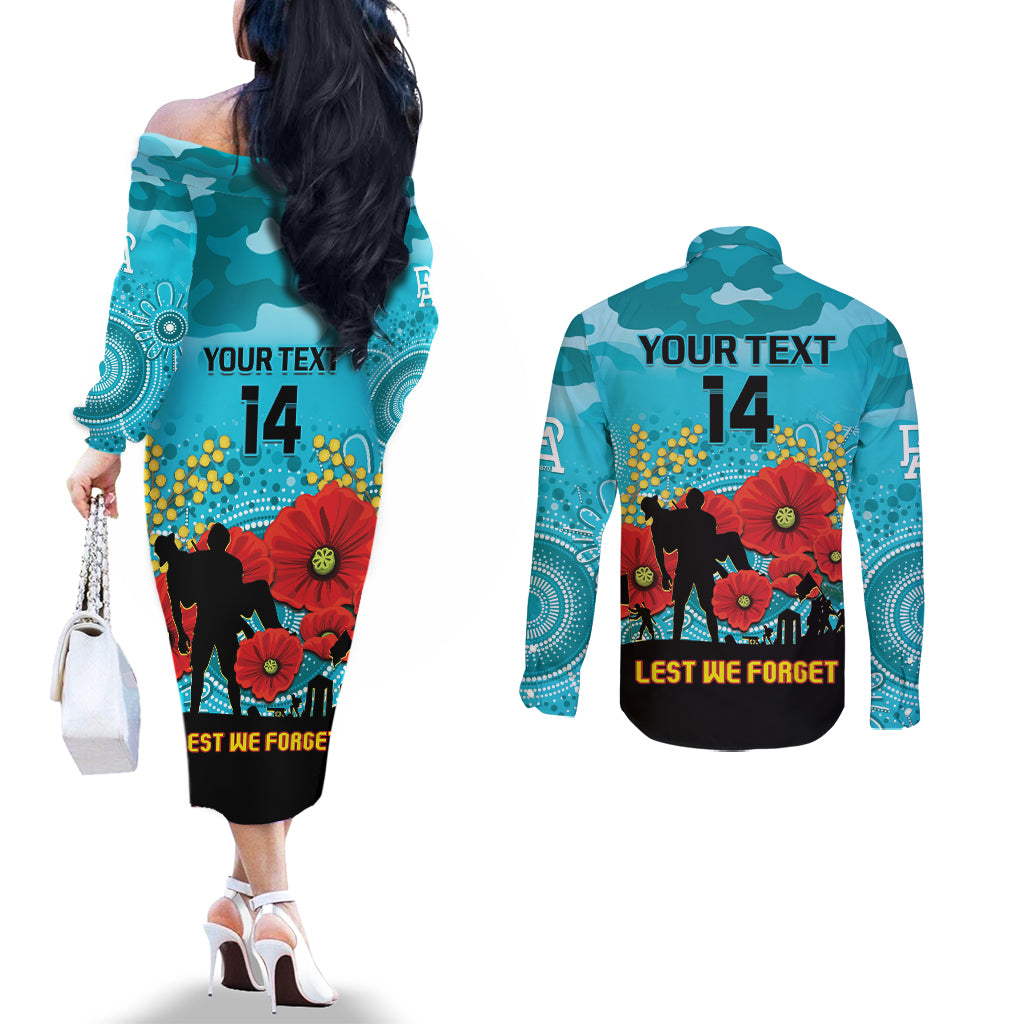 Custom Port Adelaide Football ANZAC Couples Matching Off The Shoulder Long Sleeve Dress and Long Sleeve Button Shirt Gallipoli Camouflage With Poppies