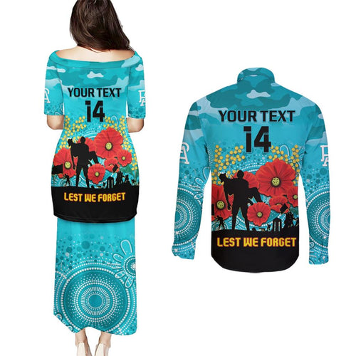 Custom Port Adelaide Football ANZAC Couples Matching Puletasi and Long Sleeve Button Shirt Gallipoli Camouflage With Poppies