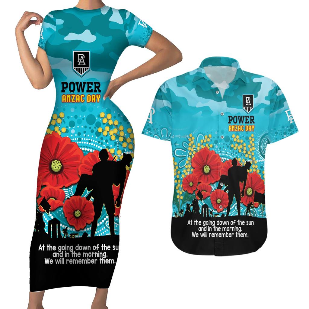 Custom Port Adelaide Football ANZAC Couples Matching Short Sleeve Bodycon Dress and Hawaiian Shirt Gallipoli Camouflage With Poppies