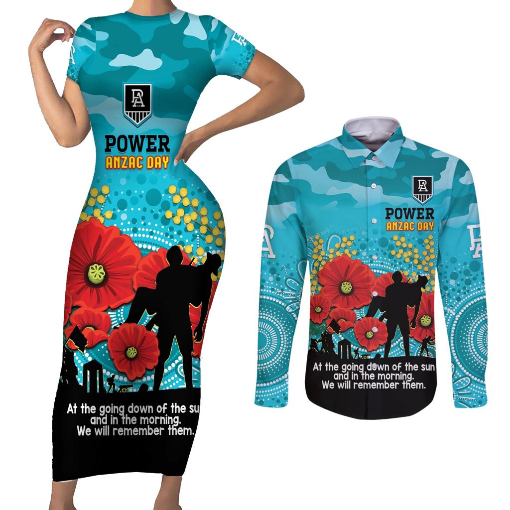 Custom Port Adelaide Football ANZAC Couples Matching Short Sleeve Bodycon Dress and Long Sleeve Button Shirt Gallipoli Camouflage With Poppies