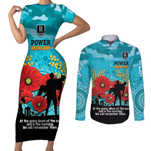 Custom Port Adelaide Football ANZAC Couples Matching Short Sleeve Bodycon Dress and Long Sleeve Button Shirt Gallipoli Camouflage With Poppies