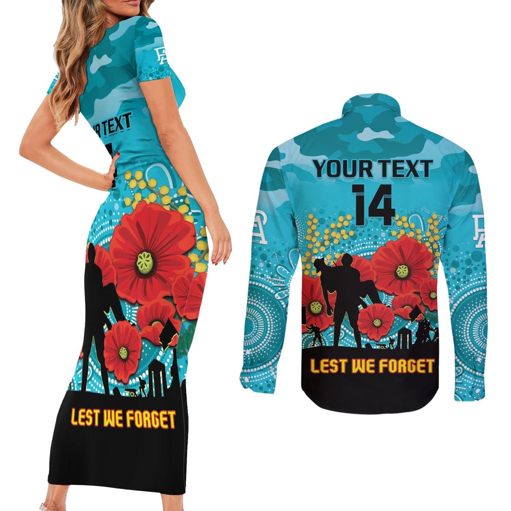 Custom Port Adelaide Football ANZAC Couples Matching Short Sleeve Bodycon Dress and Long Sleeve Button Shirt Gallipoli Camouflage With Poppies