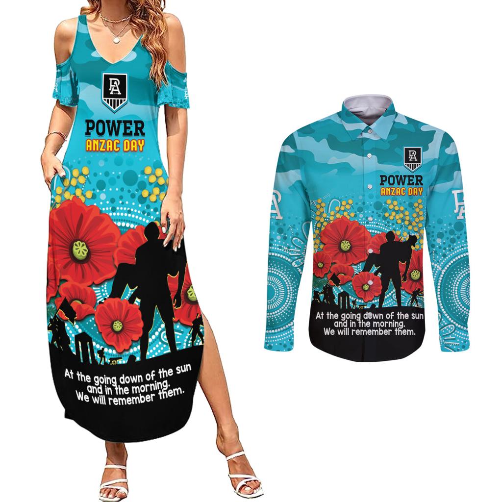 Custom Port Adelaide Football ANZAC Couples Matching Summer Maxi Dress and Long Sleeve Button Shirt Gallipoli Camouflage With Poppies