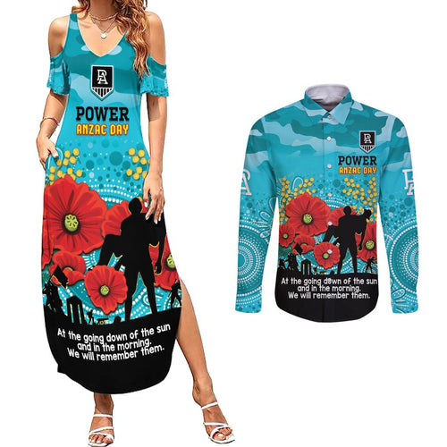 Custom Port Adelaide Football ANZAC Couples Matching Summer Maxi Dress and Long Sleeve Button Shirt Gallipoli Camouflage With Poppies
