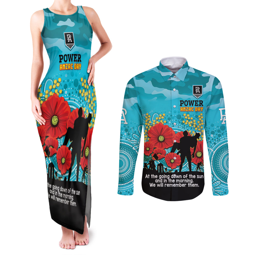 Custom Port Adelaide Football ANZAC Couples Matching Tank Maxi Dress and Long Sleeve Button Shirt Gallipoli Camouflage With Poppies