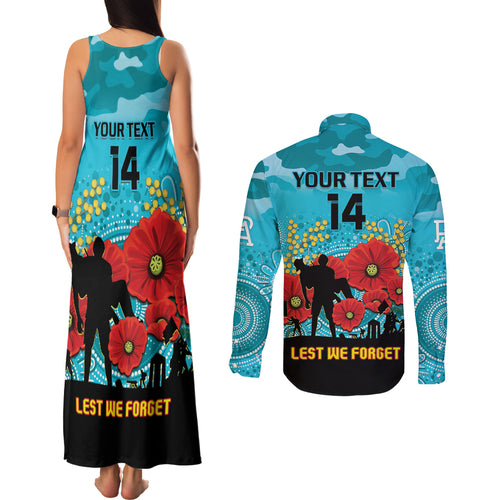 Custom Port Adelaide Football ANZAC Couples Matching Tank Maxi Dress and Long Sleeve Button Shirt Gallipoli Camouflage With Poppies