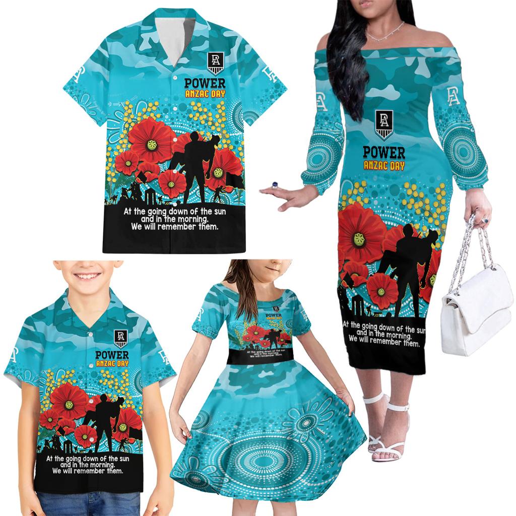 Custom Port Adelaide Football ANZAC Family Matching Off Shoulder Long Sleeve Dress and Hawaiian Shirt Gallipoli Camouflage With Poppies