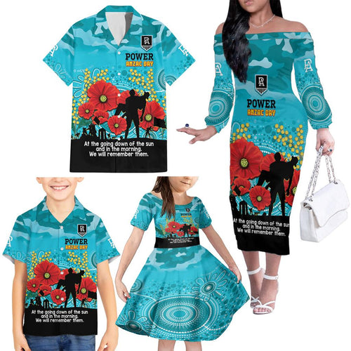 Custom Port Adelaide Football ANZAC Family Matching Off Shoulder Long Sleeve Dress and Hawaiian Shirt Gallipoli Camouflage With Poppies