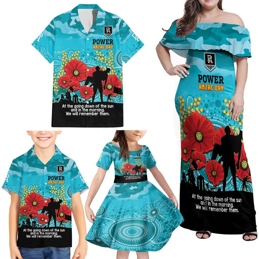 Custom Port Adelaide Football ANZAC Family Matching Off Shoulder Maxi Dress and Hawaiian Shirt Gallipoli Camouflage With Poppies