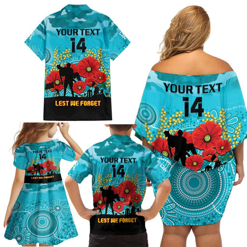 Custom Port Adelaide Football ANZAC Family Matching Off Shoulder Short Dress and Hawaiian Shirt Gallipoli Camouflage With Poppies