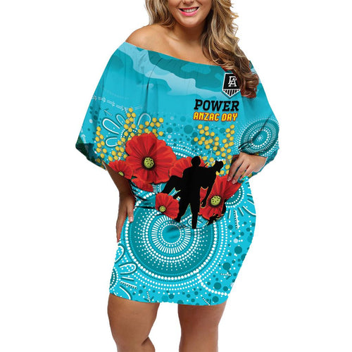 Custom Port Adelaide Football ANZAC Family Matching Off Shoulder Short Dress and Hawaiian Shirt Gallipoli Camouflage With Poppies