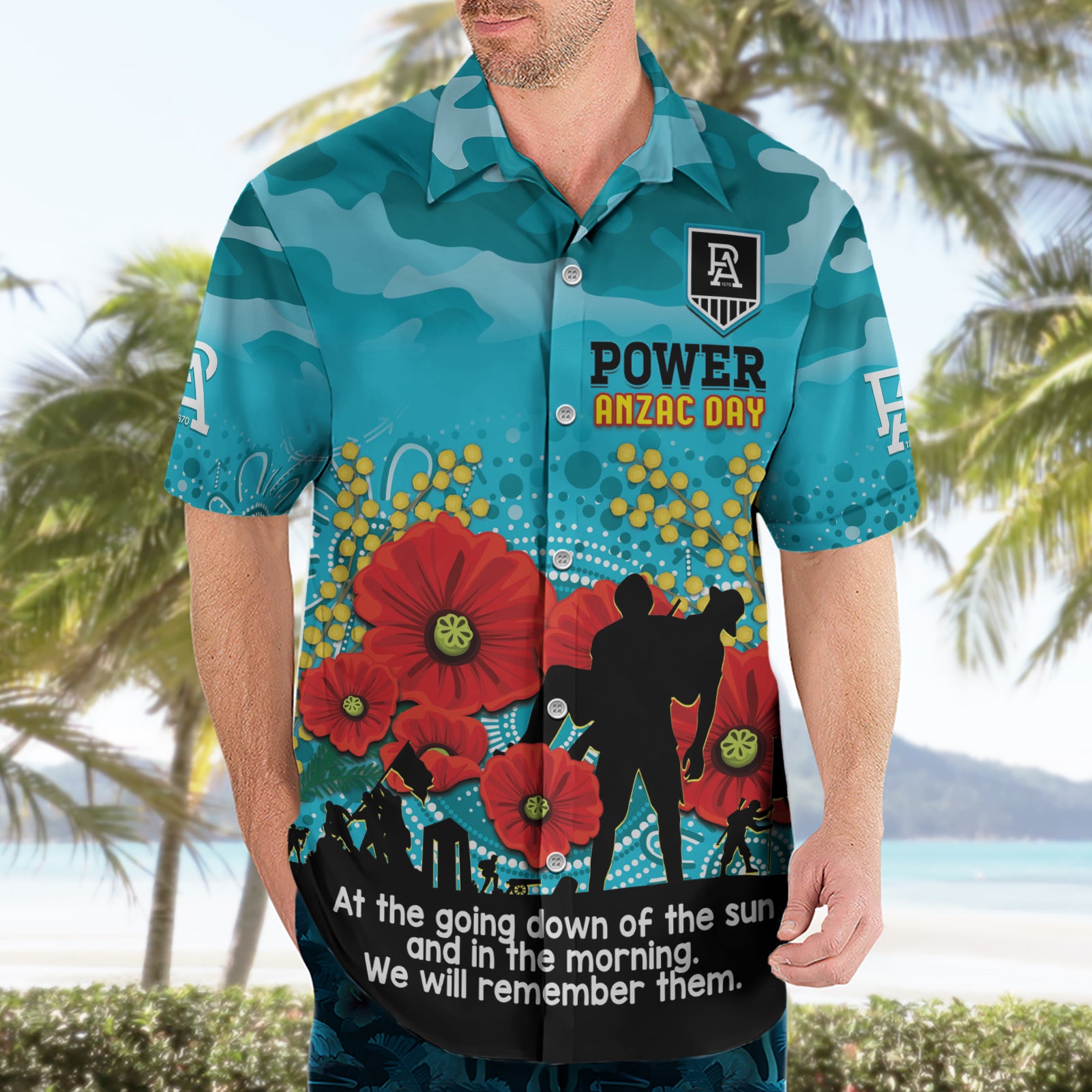 Custom Port Adelaide Football ANZAC Hawaiian Shirt Gallipoli Camouflage With Poppies