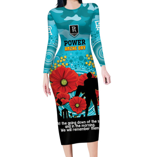 Custom Port Adelaide Football ANZAC Long Sleeve Bodycon Dress Gallipoli Camouflage With Poppies