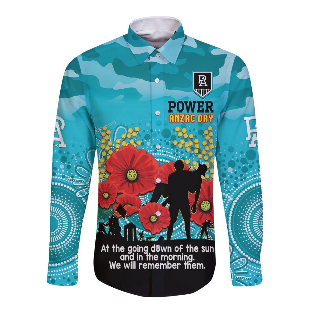 Custom Port Adelaide Football ANZAC Long Sleeve Button Shirt Gallipoli Camouflage With Poppies