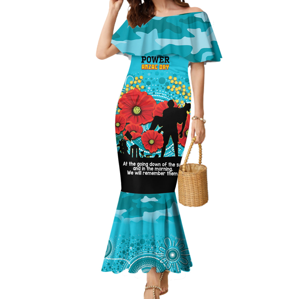 Custom Port Adelaide Football ANZAC Mermaid Dress Gallipoli Camouflage With Poppies