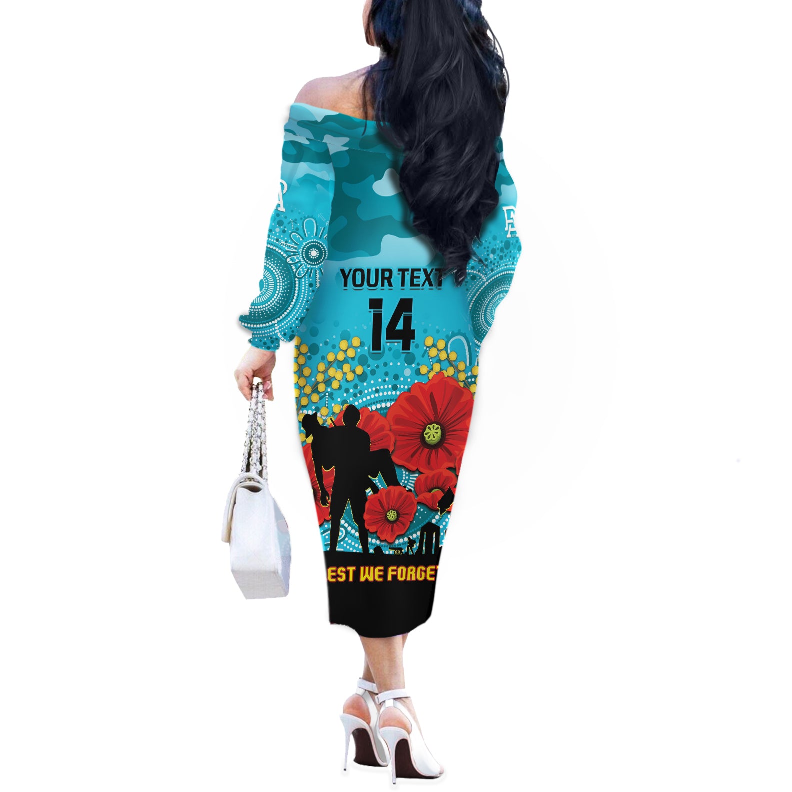 Custom Port Adelaide Football ANZAC Off The Shoulder Long Sleeve Dress Gallipoli Camouflage With Poppies