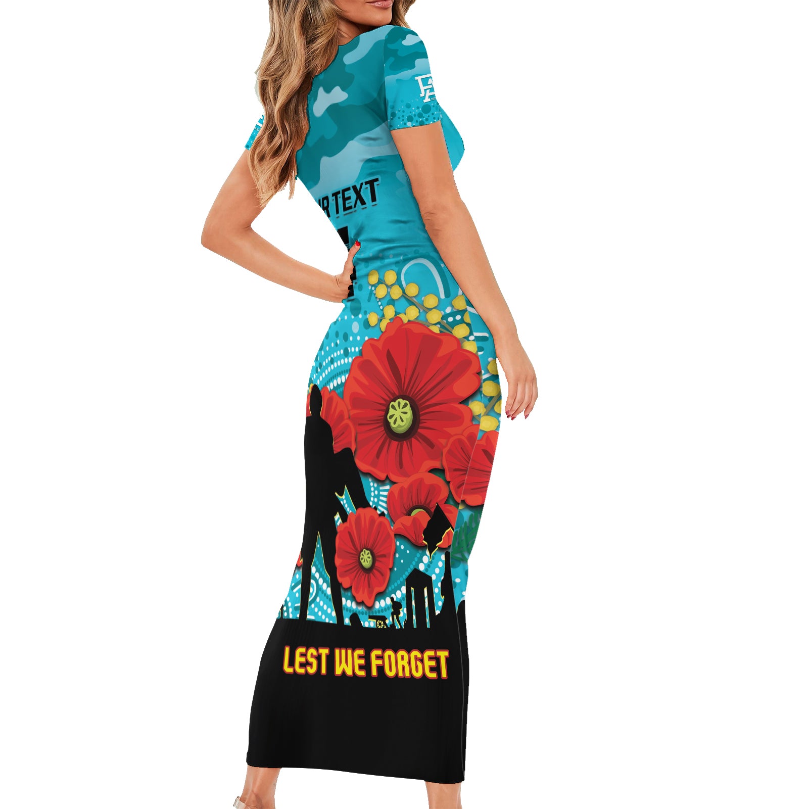 Custom Port Adelaide Football ANZAC Short Sleeve Bodycon Dress Gallipoli Camouflage With Poppies