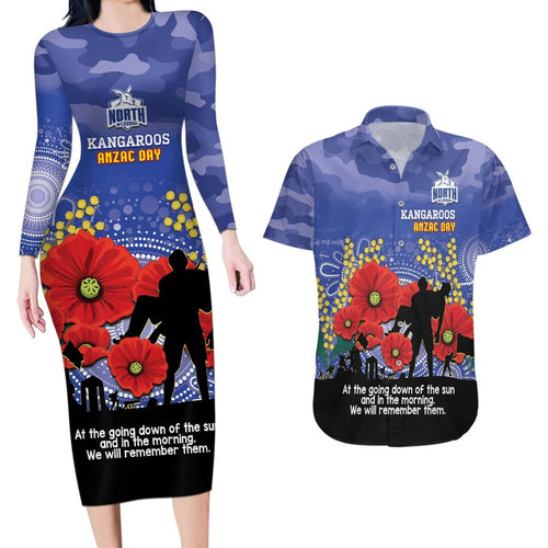 Custom Kangaroos Football ANZAC Couples Matching Long Sleeve Bodycon Dress and Hawaiian Shirt Gallipoli Camouflage With Poppies