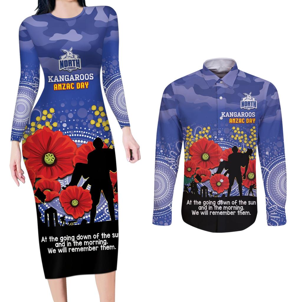 Custom Kangaroos Football ANZAC Couples Matching Long Sleeve Bodycon Dress and Long Sleeve Button Shirt Gallipoli Camouflage With Poppies