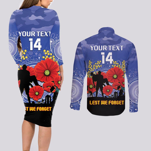 Custom Kangaroos Football ANZAC Couples Matching Long Sleeve Bodycon Dress and Long Sleeve Button Shirt Gallipoli Camouflage With Poppies