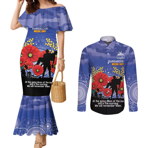 Custom Kangaroos Football ANZAC Couples Matching Mermaid Dress and Long Sleeve Button Shirt Gallipoli Camouflage With Poppies