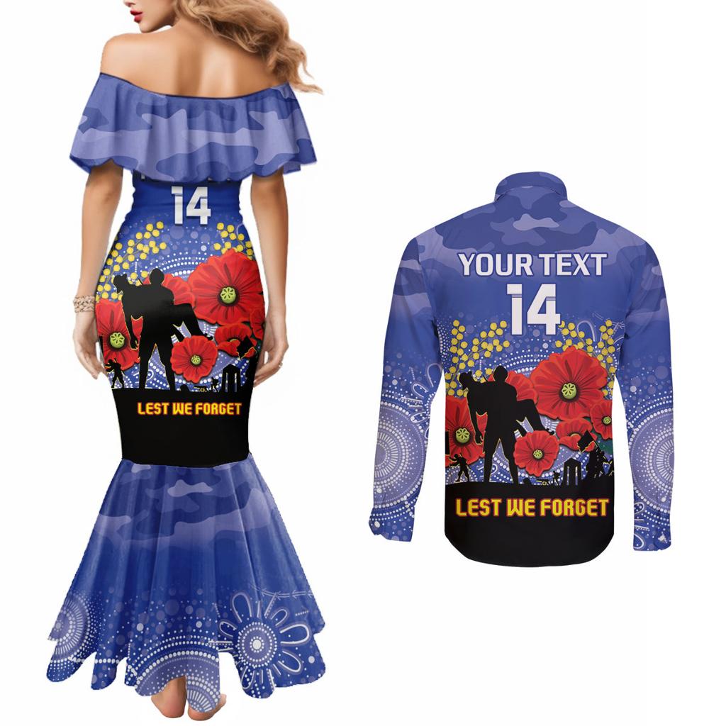 Custom Kangaroos Football ANZAC Couples Matching Mermaid Dress and Long Sleeve Button Shirt Gallipoli Camouflage With Poppies