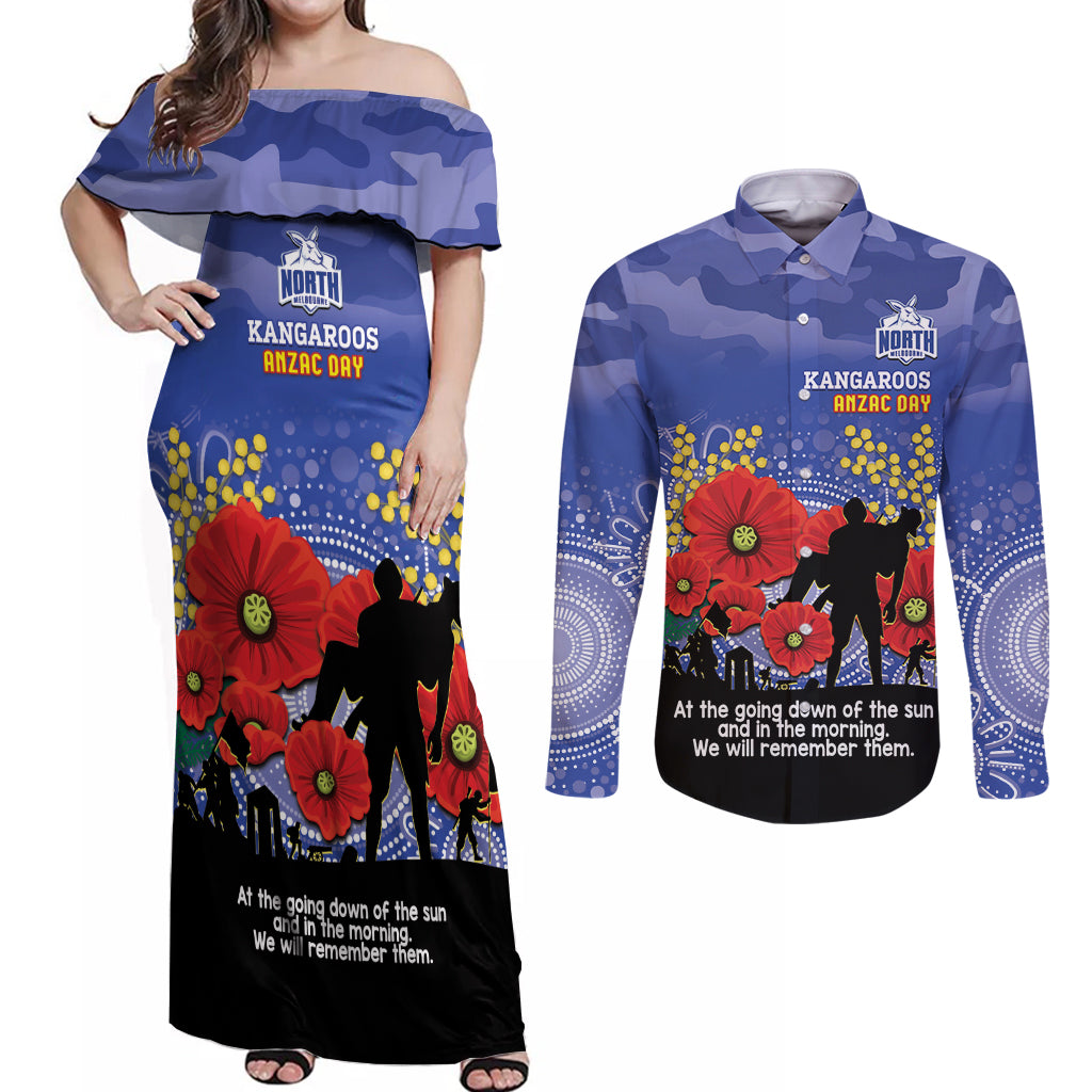 Custom Kangaroos Football ANZAC Couples Matching Off Shoulder Maxi Dress and Long Sleeve Button Shirt Gallipoli Camouflage With Poppies
