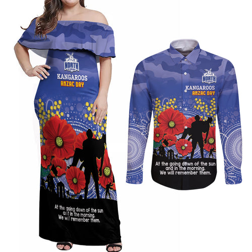 Custom Kangaroos Football ANZAC Couples Matching Off Shoulder Maxi Dress and Long Sleeve Button Shirt Gallipoli Camouflage With Poppies