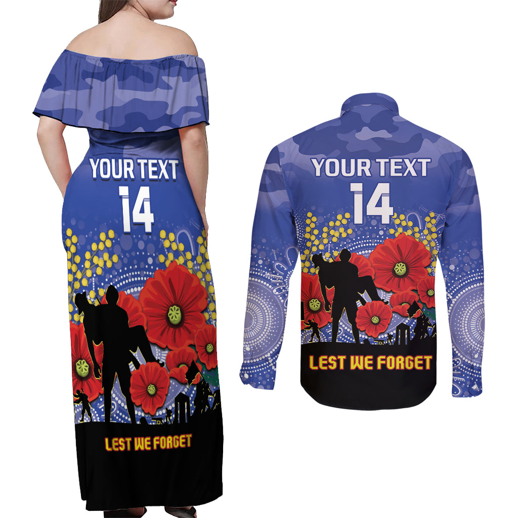Custom Kangaroos Football ANZAC Couples Matching Off Shoulder Maxi Dress and Long Sleeve Button Shirt Gallipoli Camouflage With Poppies