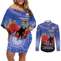 Custom Kangaroos Football ANZAC Couples Matching Off Shoulder Short Dress and Long Sleeve Button Shirt Gallipoli Camouflage With Poppies
