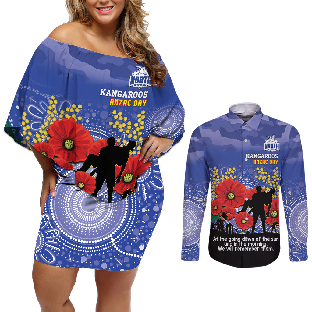 Custom Kangaroos Football ANZAC Couples Matching Off Shoulder Short Dress and Long Sleeve Button Shirt Gallipoli Camouflage With Poppies