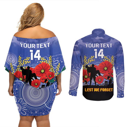 Custom Kangaroos Football ANZAC Couples Matching Off Shoulder Short Dress and Long Sleeve Button Shirt Gallipoli Camouflage With Poppies