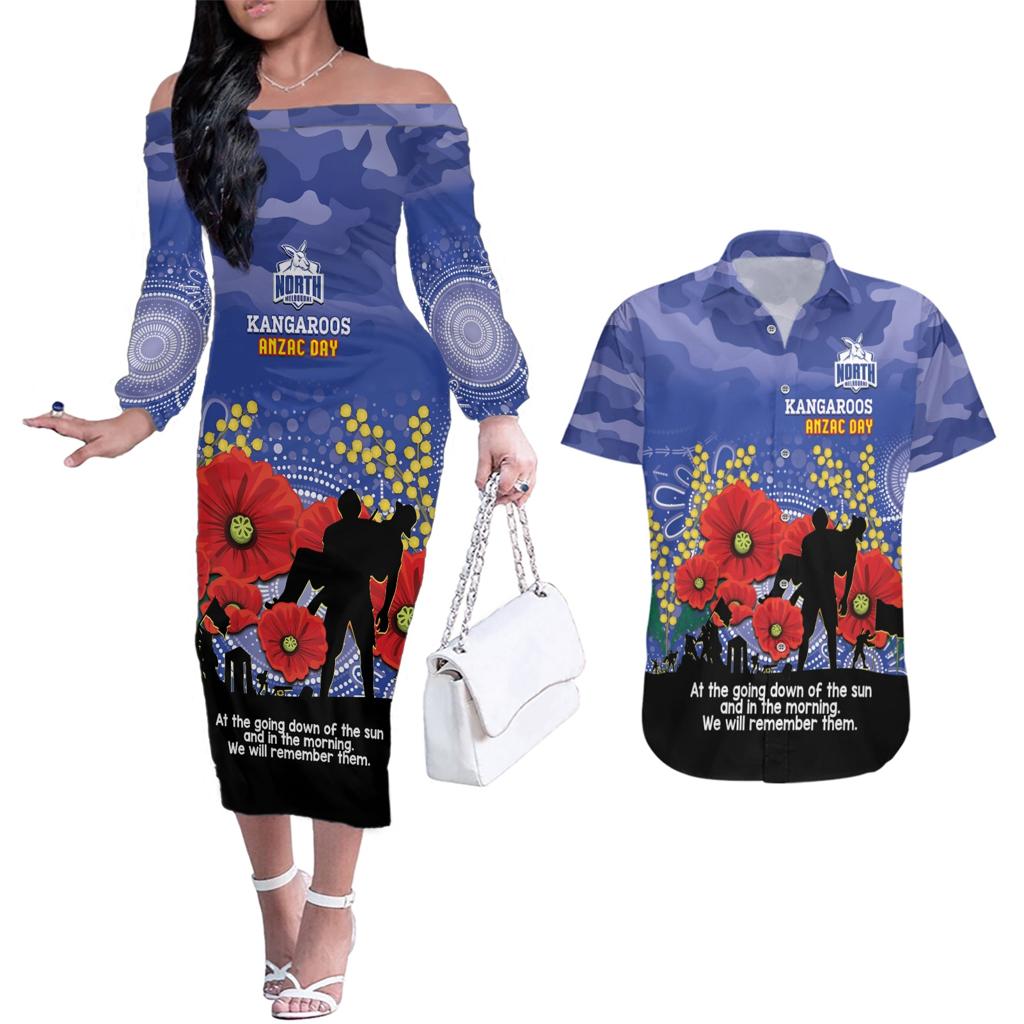 Custom Kangaroos Football ANZAC Couples Matching Off The Shoulder Long Sleeve Dress and Hawaiian Shirt Gallipoli Camouflage With Poppies