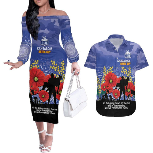 Custom Kangaroos Football ANZAC Couples Matching Off The Shoulder Long Sleeve Dress and Hawaiian Shirt Gallipoli Camouflage With Poppies