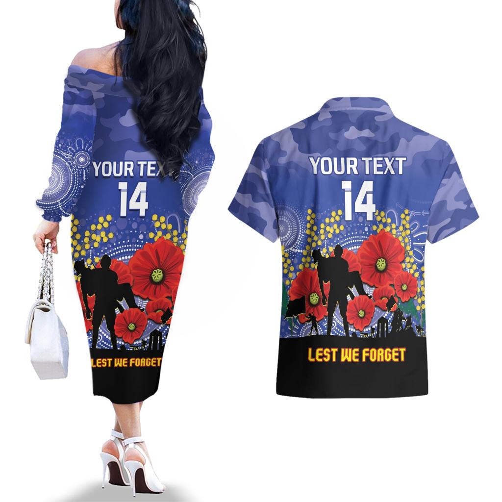 Custom Kangaroos Football ANZAC Couples Matching Off The Shoulder Long Sleeve Dress and Hawaiian Shirt Gallipoli Camouflage With Poppies