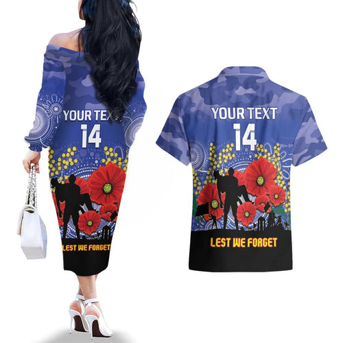Custom Kangaroos Football ANZAC Couples Matching Off The Shoulder Long Sleeve Dress and Hawaiian Shirt Gallipoli Camouflage With Poppies