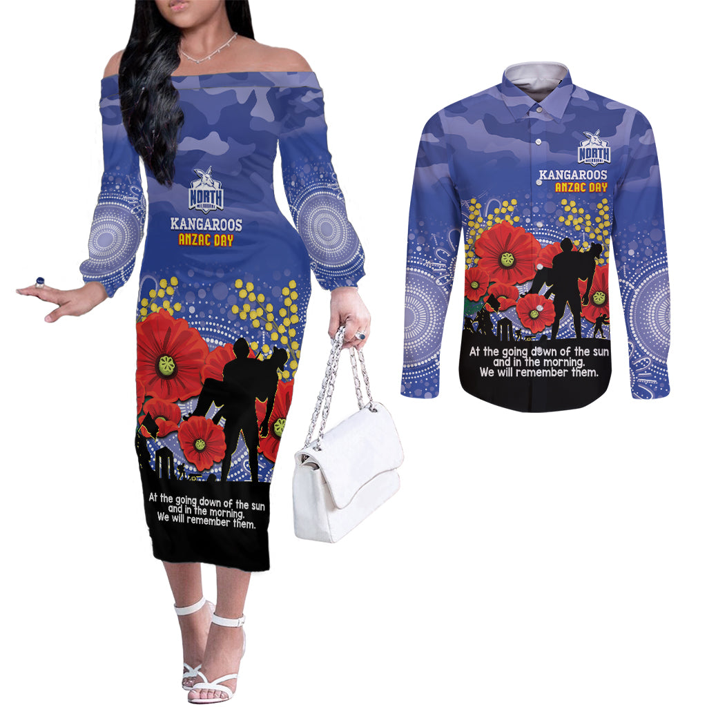 Custom Kangaroos Football ANZAC Couples Matching Off The Shoulder Long Sleeve Dress and Long Sleeve Button Shirt Gallipoli Camouflage With Poppies
