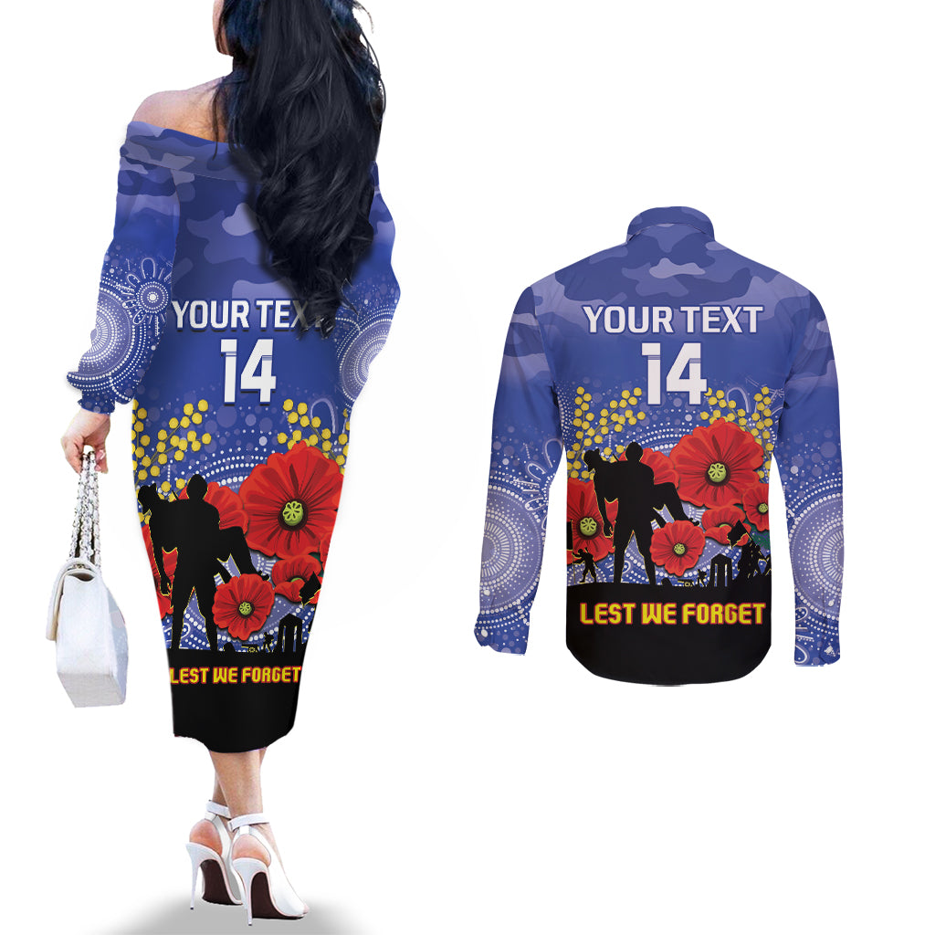 Custom Kangaroos Football ANZAC Couples Matching Off The Shoulder Long Sleeve Dress and Long Sleeve Button Shirt Gallipoli Camouflage With Poppies