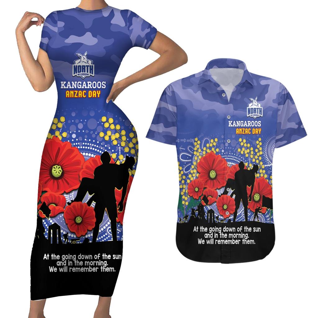 Custom Kangaroos Football ANZAC Couples Matching Short Sleeve Bodycon Dress and Hawaiian Shirt Gallipoli Camouflage With Poppies