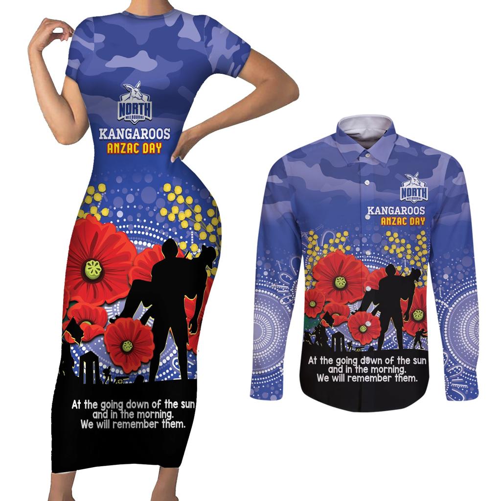 Custom Kangaroos Football ANZAC Couples Matching Short Sleeve Bodycon Dress and Long Sleeve Button Shirt Gallipoli Camouflage With Poppies