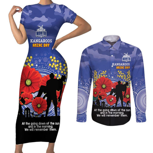 Custom Kangaroos Football ANZAC Couples Matching Short Sleeve Bodycon Dress and Long Sleeve Button Shirt Gallipoli Camouflage With Poppies
