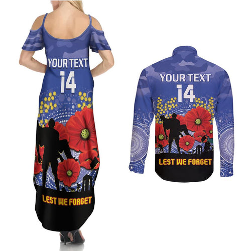 Custom Kangaroos Football ANZAC Couples Matching Summer Maxi Dress and Long Sleeve Button Shirt Gallipoli Camouflage With Poppies