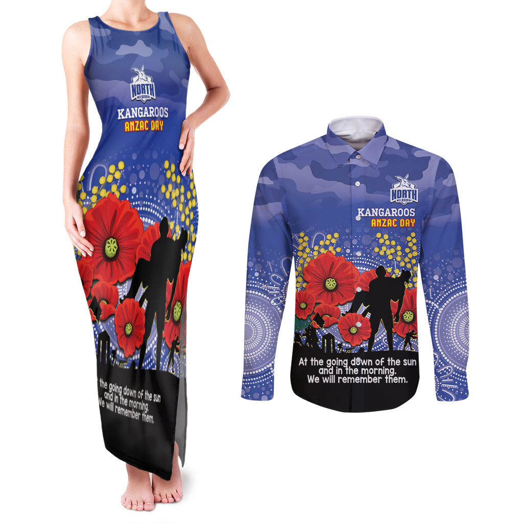 Custom Kangaroos Football ANZAC Couples Matching Tank Maxi Dress and Long Sleeve Button Shirt Gallipoli Camouflage With Poppies