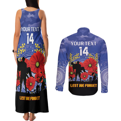 Custom Kangaroos Football ANZAC Couples Matching Tank Maxi Dress and Long Sleeve Button Shirt Gallipoli Camouflage With Poppies