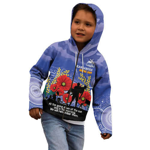 Custom Kangaroos Football ANZAC Kid Hoodie Gallipoli Camouflage With Poppies