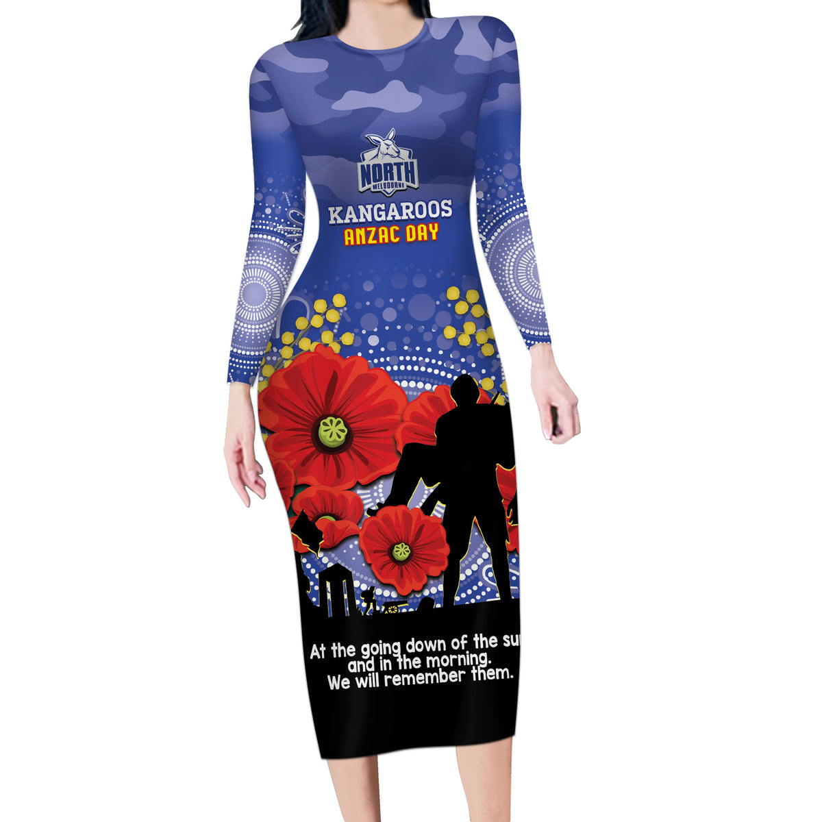 Custom Kangaroos Football ANZAC Long Sleeve Bodycon Dress Gallipoli Camouflage With Poppies