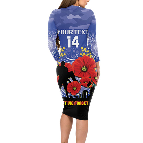 Custom Kangaroos Football ANZAC Long Sleeve Bodycon Dress Gallipoli Camouflage With Poppies