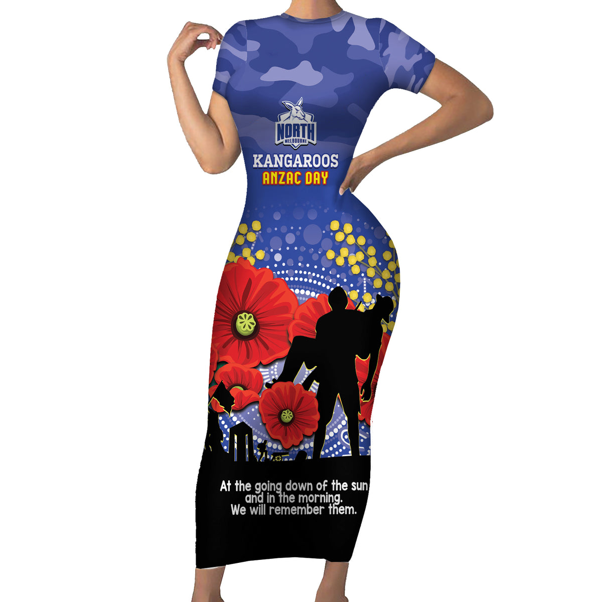 Custom Kangaroos Football ANZAC Short Sleeve Bodycon Dress Gallipoli Camouflage With Poppies