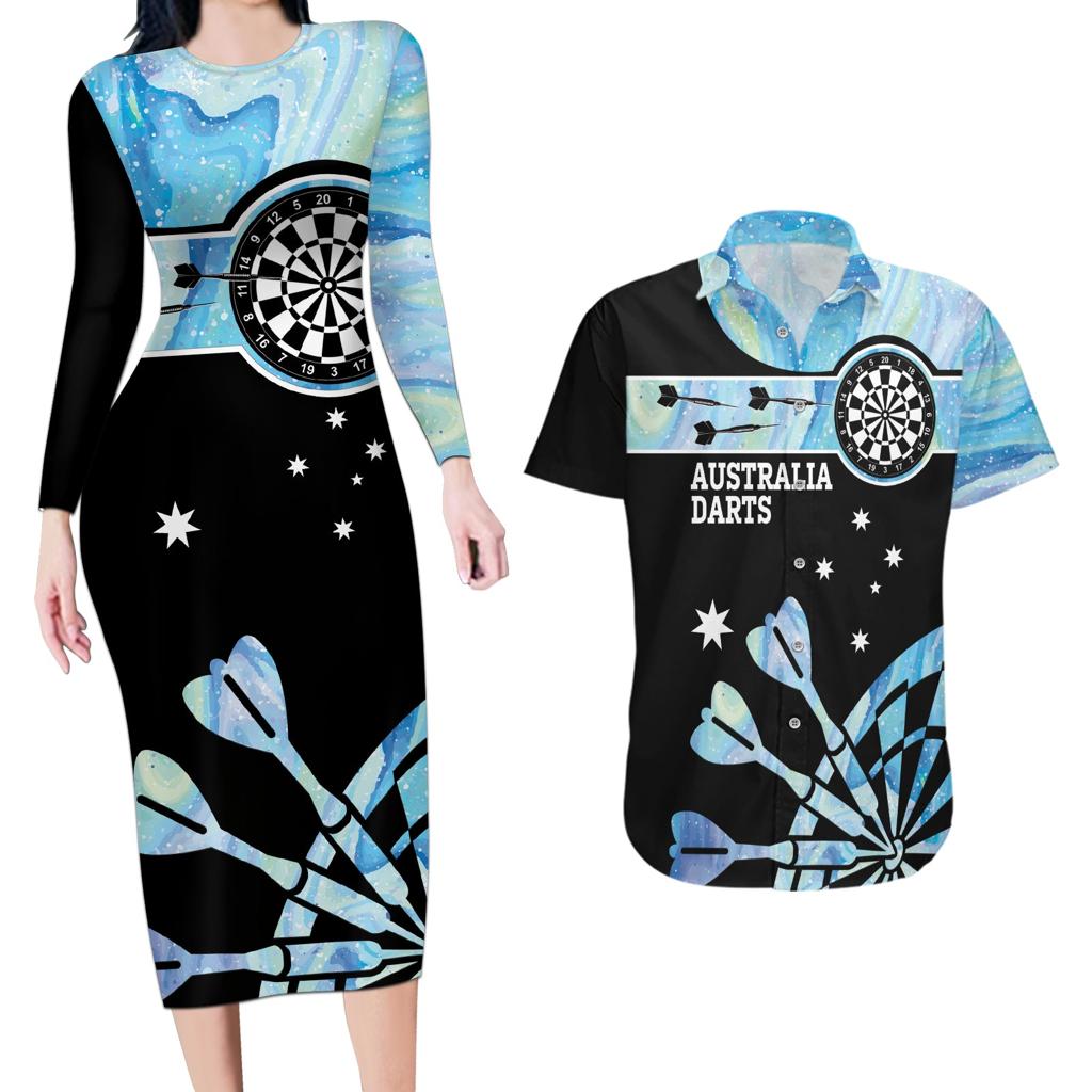 Personalised Australia Darts Opal Vibes Couples Matching Long Sleeve Bodycon Dress and Hawaiian Shirt