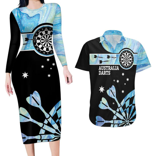 Personalised Australia Darts Opal Vibes Couples Matching Long Sleeve Bodycon Dress and Hawaiian Shirt
